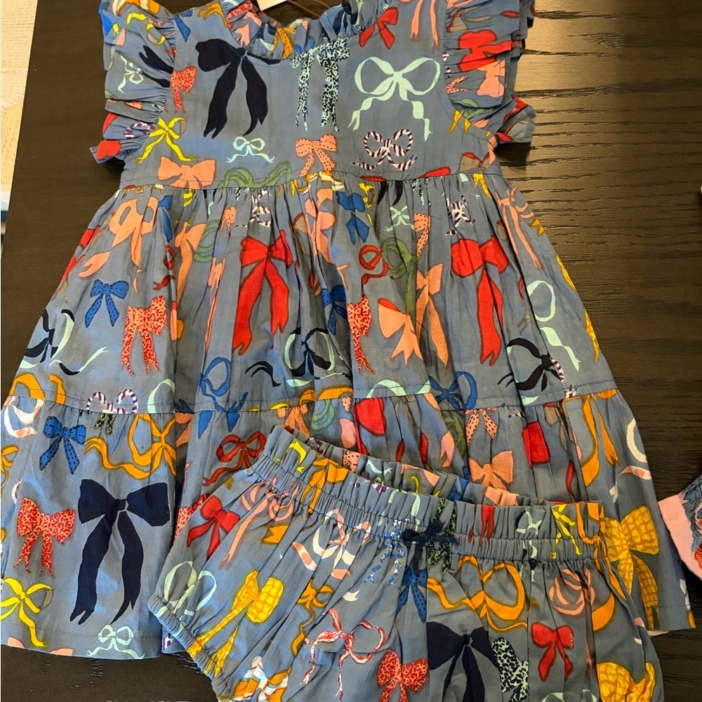 Pink Chicken Bow Print Dress and Bloomers Set